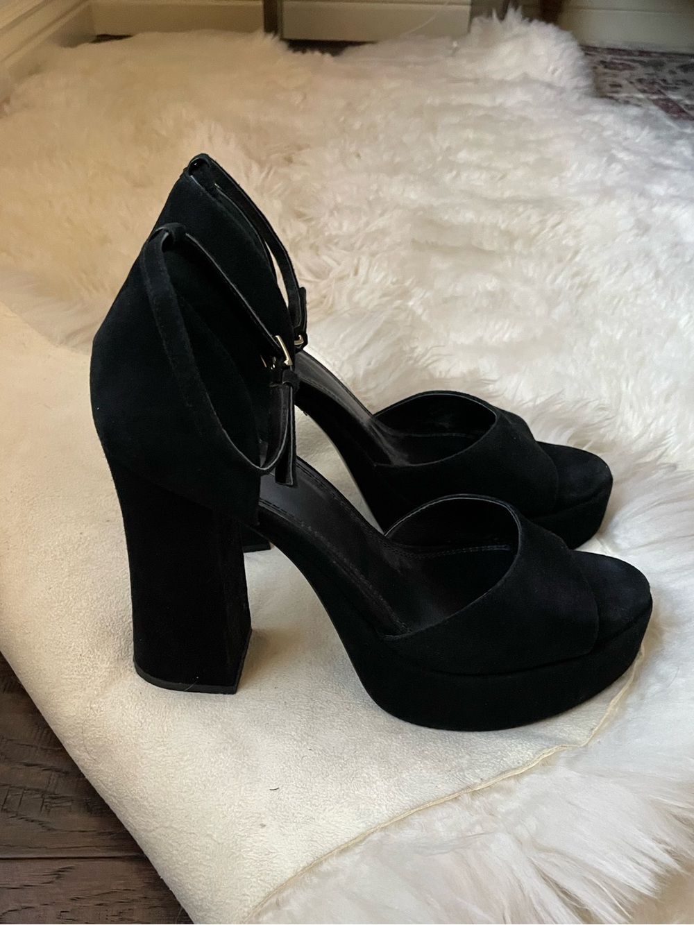 Tory Burch black platform suede strap heels